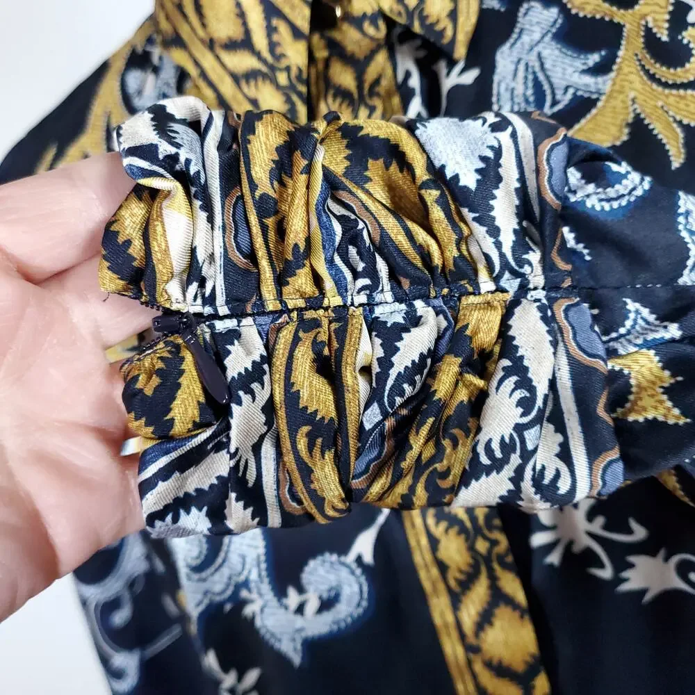 Chico’s Sz 1 Ruched Cuff Placed Print Tunic Top Button Down Chicos Sz M / 8 - Picture 8 of 16